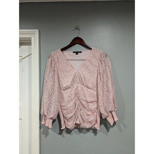 Boston Proper Women's Pink Floral Lace V-Neck Long-Sleeve Top Cinched Size S